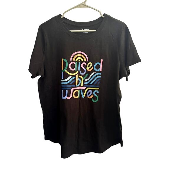 Old Navy "Raised by Waves" Graphic T-Shirt Black Large – Rainbow Retro Print - Picture 1 of 5